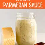 mason jar with garlic parm sauce and text overlay