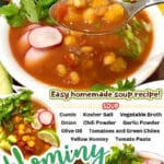 hominy soup in a bowl with text overlay