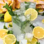 glass of virgin mojito with lemon anf mint garnishes