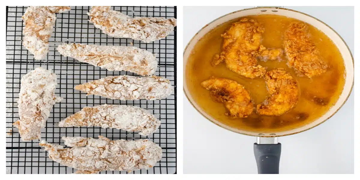 making When you’re ready, remove the spicy chicken tenders from the marinade and coat them with the flour mixture.

Let the chicken sit for 5 minutes before frying them in oil over medium-high heat until golden brown on each side (turn them once).

Transfer the chicken tenders as they’re cooked to a wire rack over a paper towel-lined baking sheet.

Mix together the glaze ingredients and brush it over the top of the hot tenders and serve. steps 3 and 4