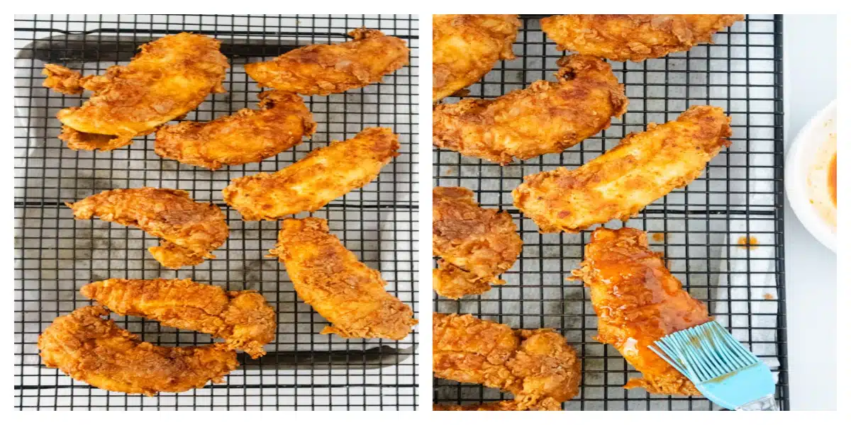 Making Transfer the chicken tenders as they’re cooked to a wire rack over a paper towel-lined baking sheet.

Mix together the glaze ingredients and brush it over the top of the hot tenders and serve. steps 4 and 5
