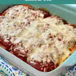 tofu parmesan in baking dish with text overlay