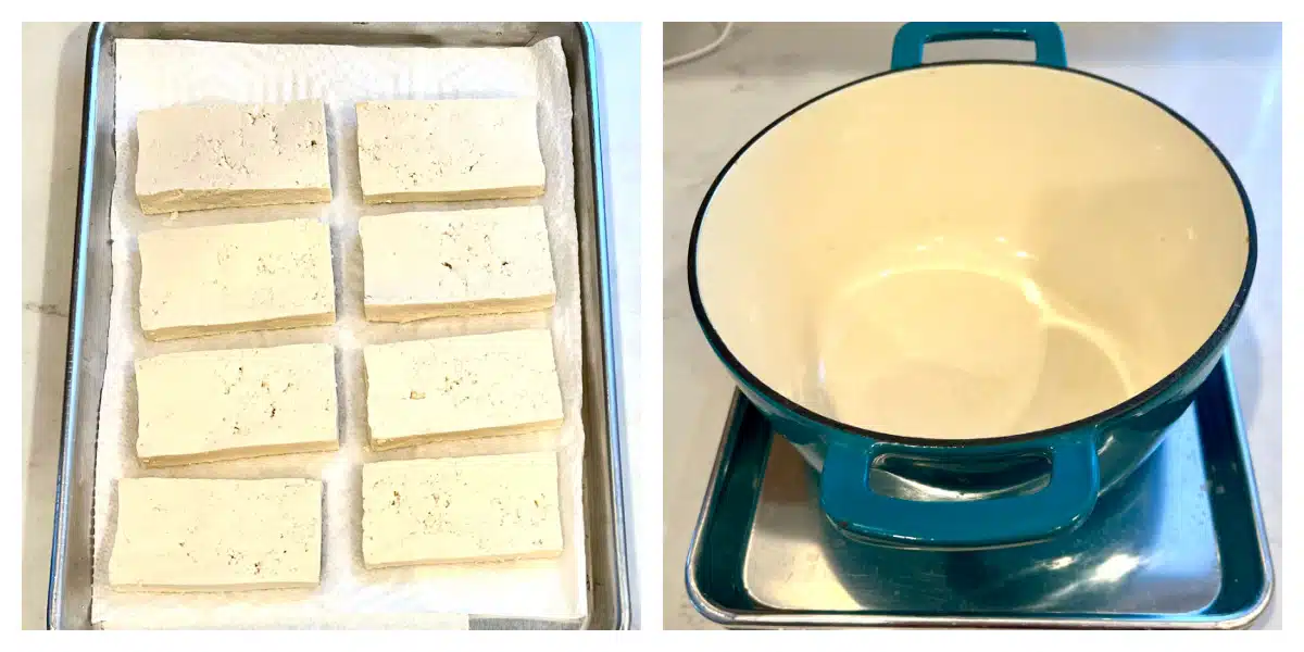 sliced tofu and draining tofu
