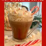 peppermint hot chocolate coffee with candy cane and text overlay