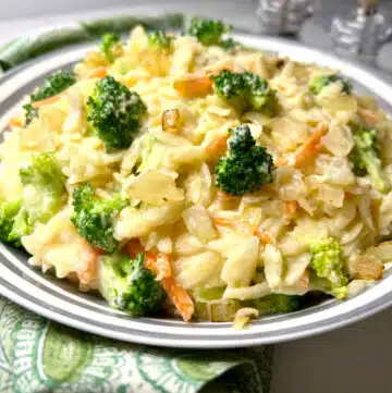 broccoli cheddar orzo in a bowl