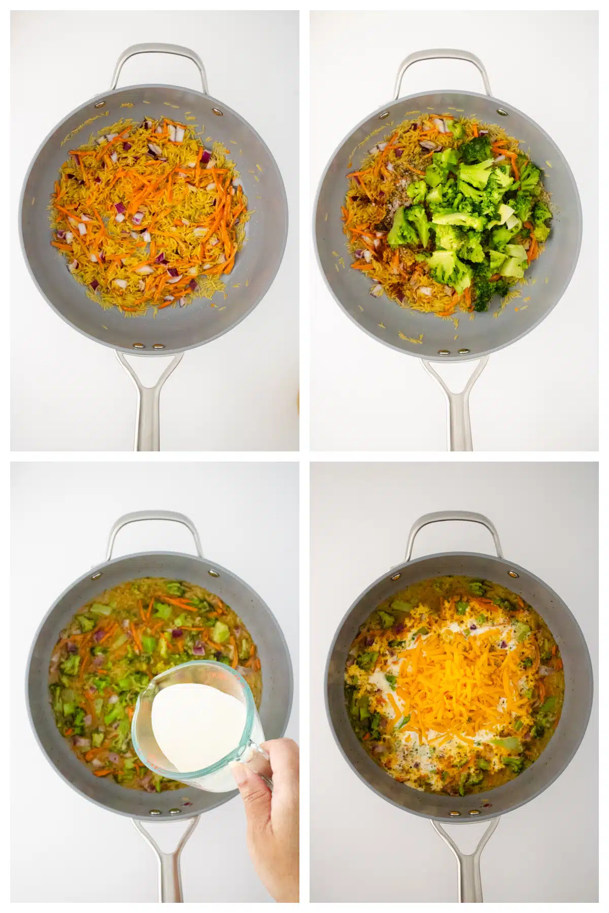 step by step for making broccoli cheddar orzo recipe