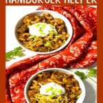 two bowls of enchilada ground beef with pasta and text overlay