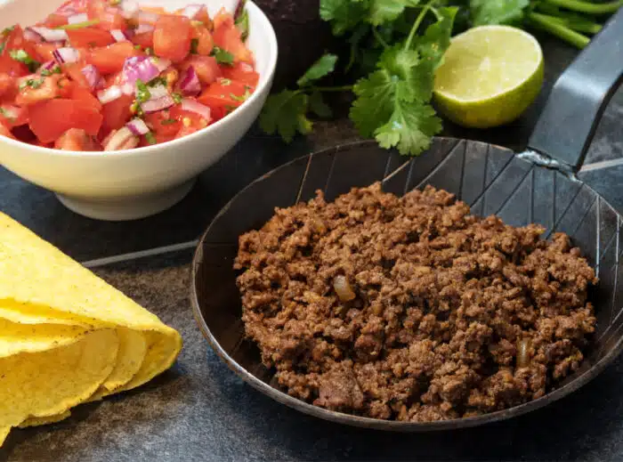 ground beef taco meat in a skillet