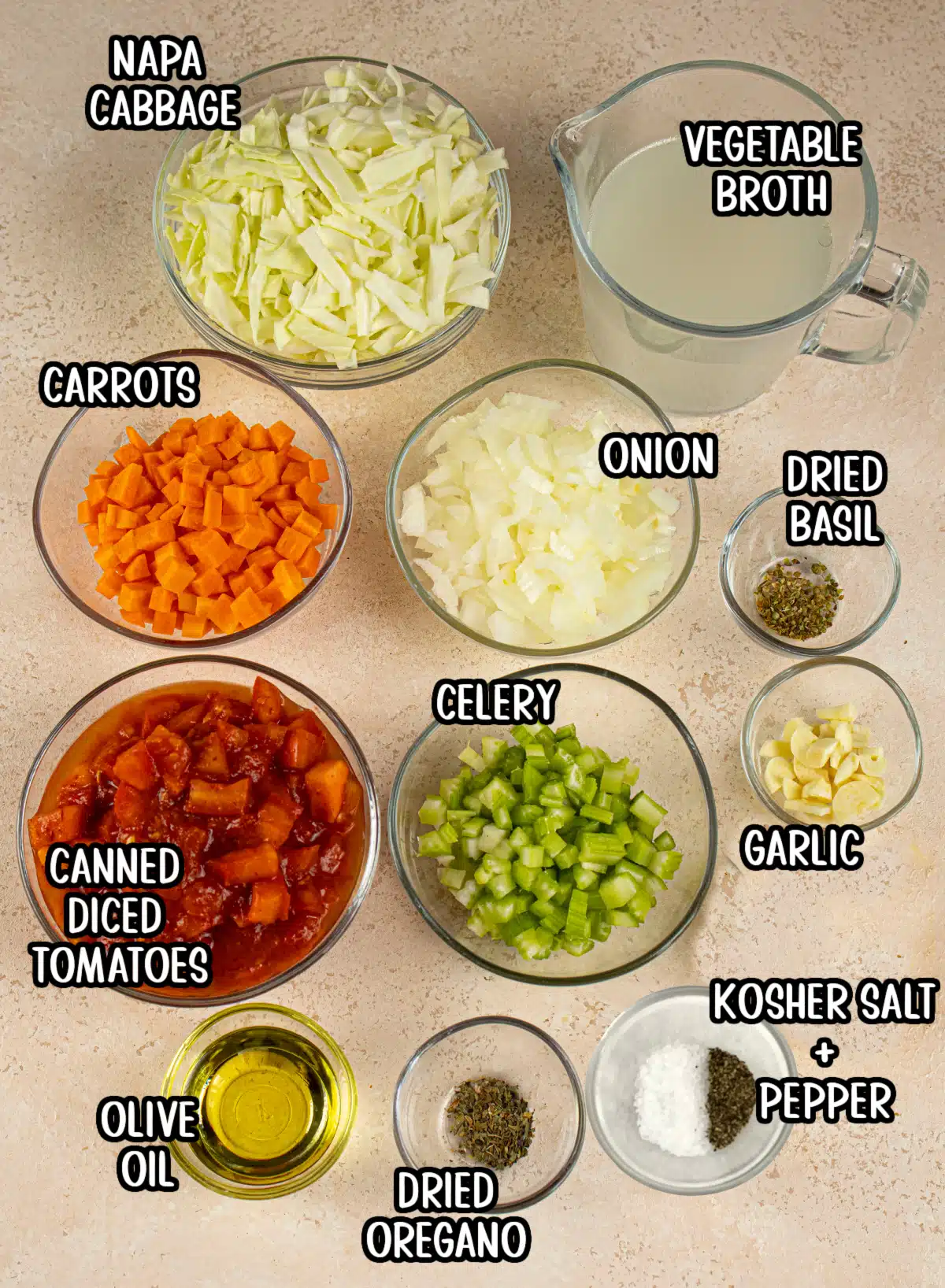napa cabbage soup ingredients in bowls
