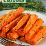 air fryer carrots on a white platter with text overlay