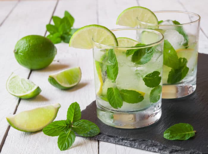 two Bacardi mojito cocktails with mint and lime