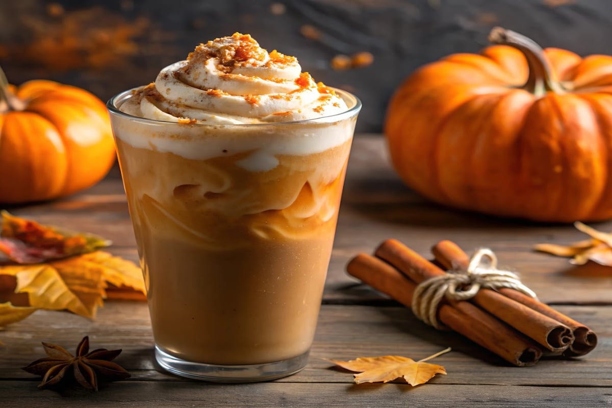 glass of iced pumpkin latte with whipped cream on top