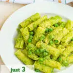 pesto pasta with peas and text overlay