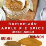 homemade apple pie spice in a jar and ingredients in a bowl with text overaly
