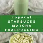 matcha frappe in a glass and overhead with whippd cream and text ovrlay
