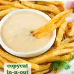 Dipping fries in animal sauce with text overlay
