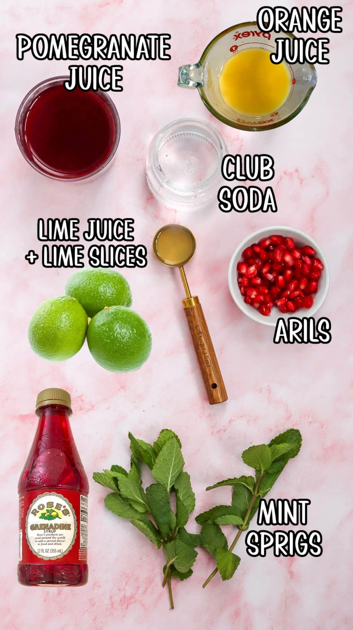 ingredients for a virgin pomegranate drink with text overlay