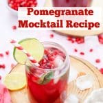 glass of pomegranate mocktail with a pitcher and text overlay
