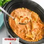 Slow Cooker Lasagna Soup in a crock pot with text overlay