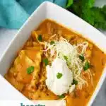 Bowl of Crockpot Lasagna Soup with text overlay