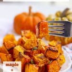 butternut sqquash on a fork with text overlay