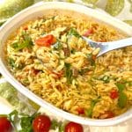 serving spoon with baked orzo over the baking dish
