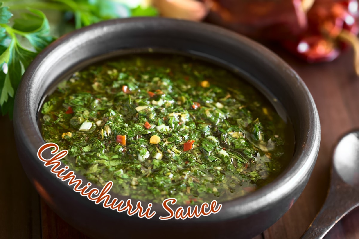 chimichurri sauce in a black bowl