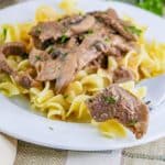 beef stroganoff ith noodles on a plate with a fork