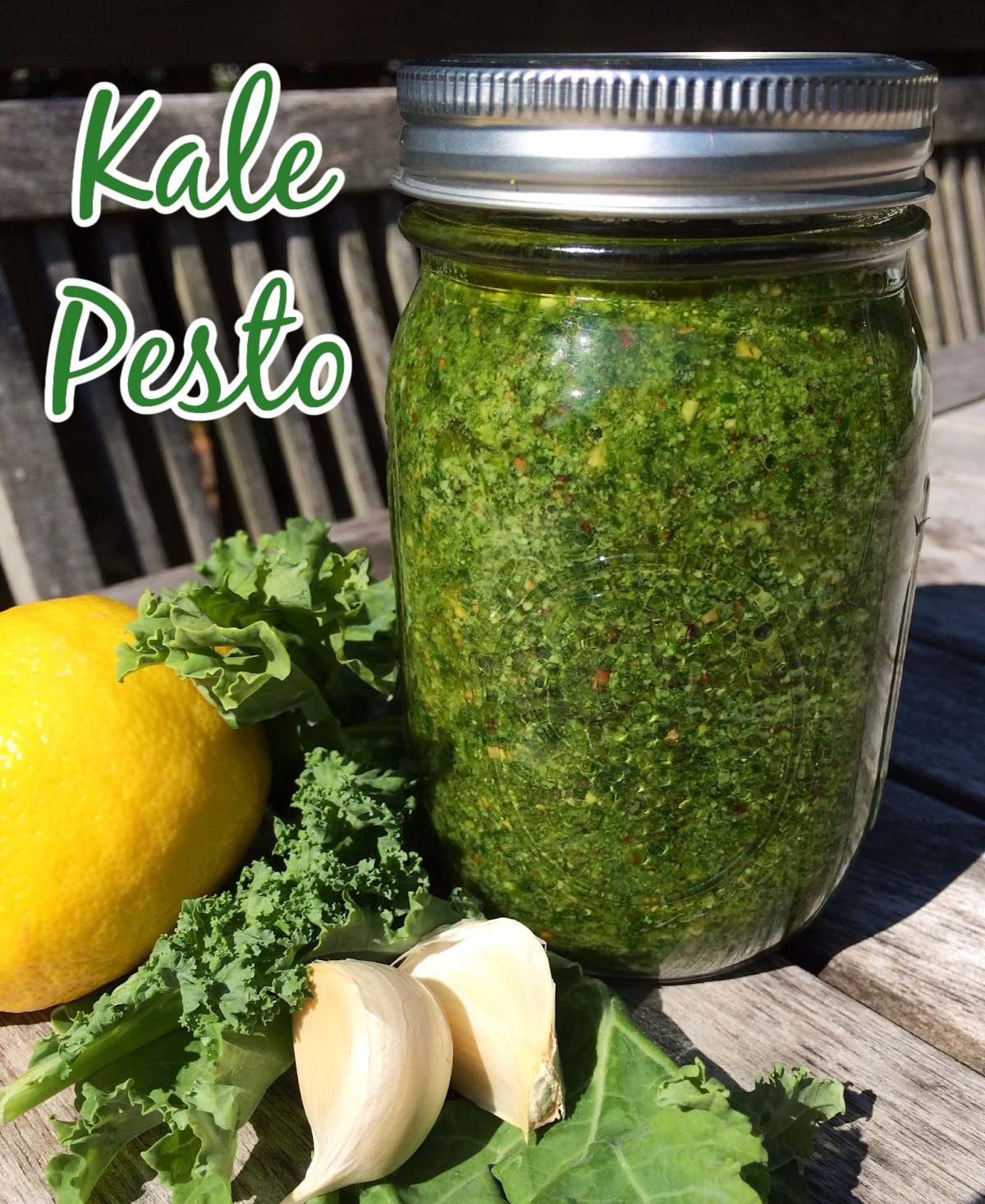 kale pesto in a mason jar with a lid