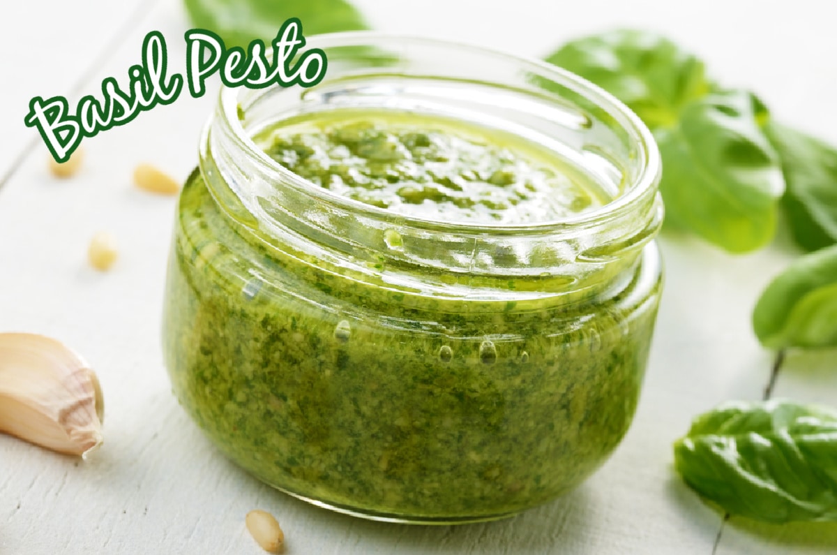 basil pesto in a clear jar