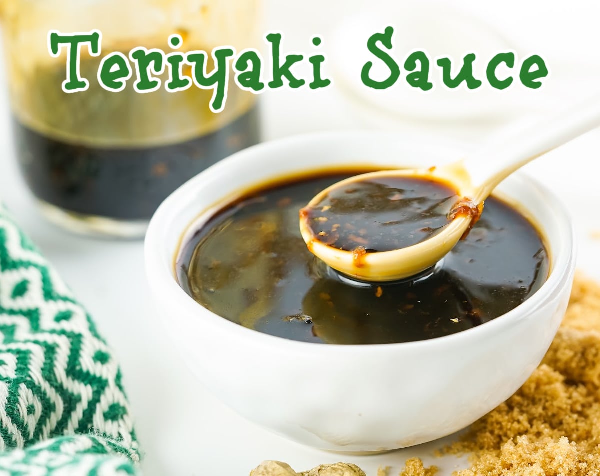 homemade teriyaki sauce in a white bowl with a spoon