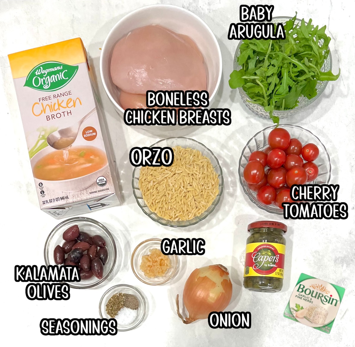 orzo and chicken ingredients with text