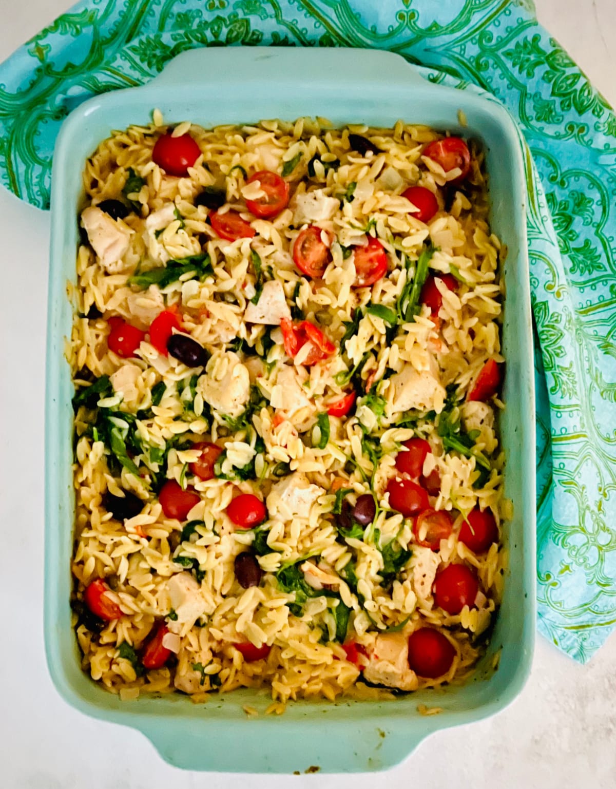 chicken and orzo casserole in a baking dish