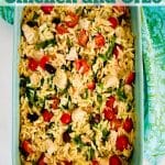 chicken casserole with pasta and text overlay