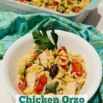 bowl of chicken and orzo with text overlay