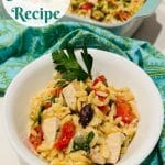 serving dish of chicken pasta casserole with text overlay