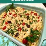 chicken orzo casserole with text overlay