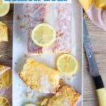lemon loaf cake with fresh lemon slices and text overlay