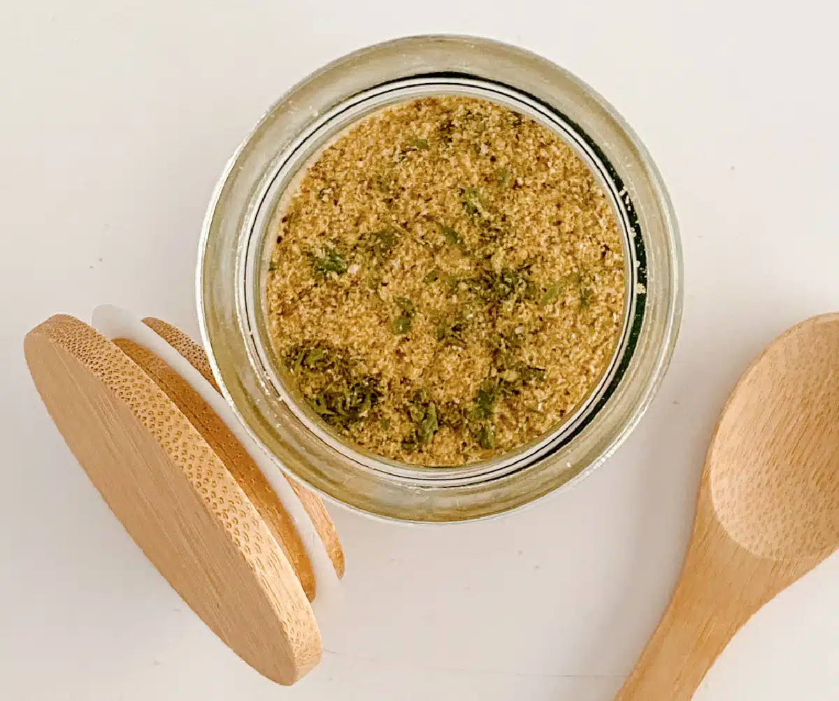 overhead of a jar of ramen seasoning packet mix