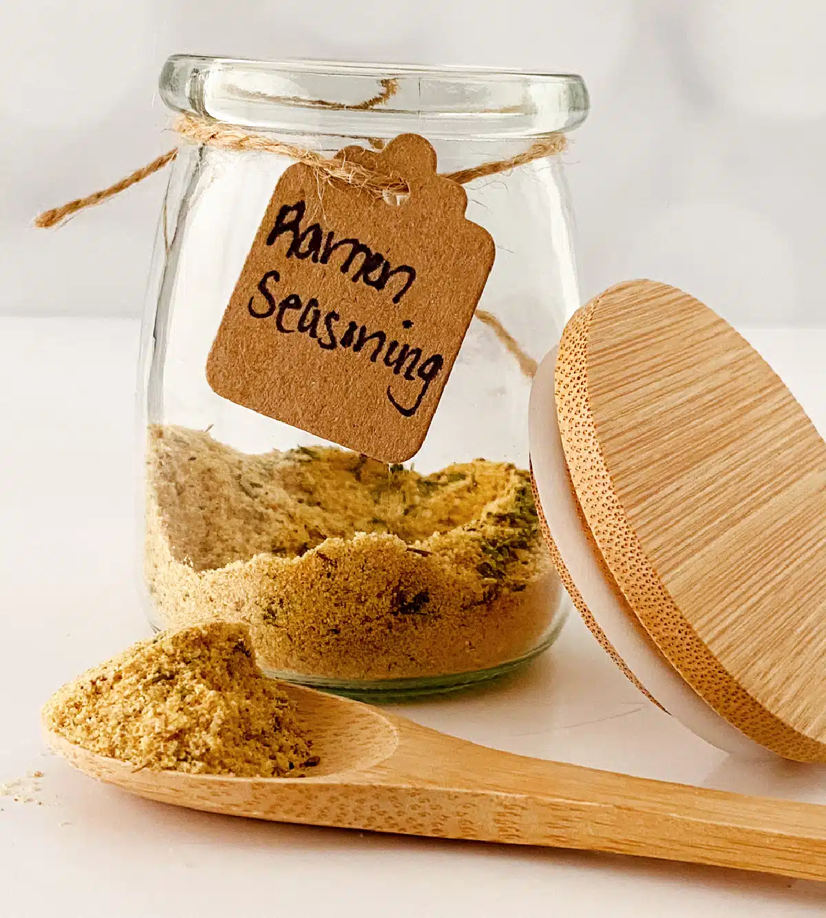 Ramen Seasoning in a jar and on a wooden spoon