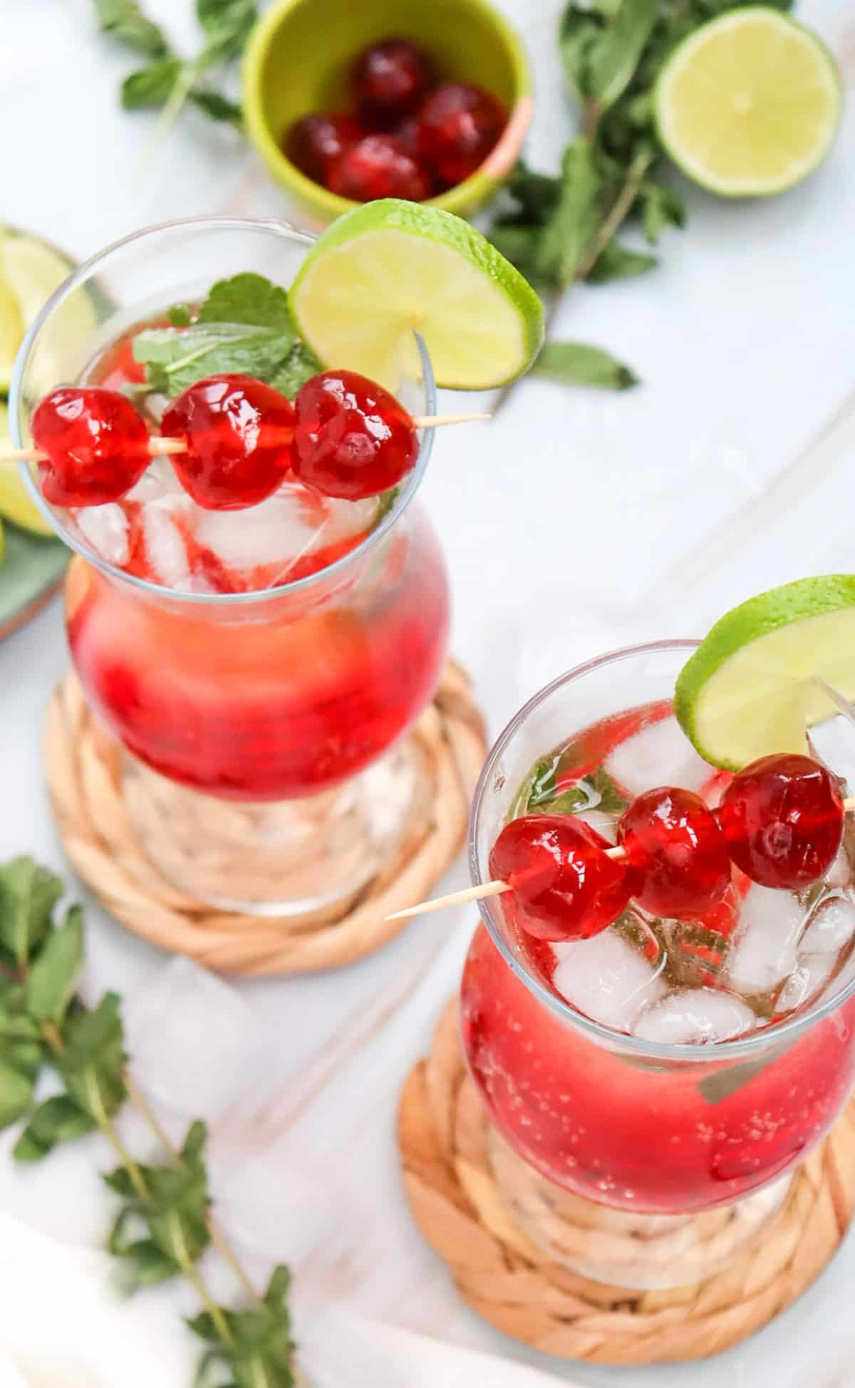 overhead of two glasses of Shirley Temple drinks
