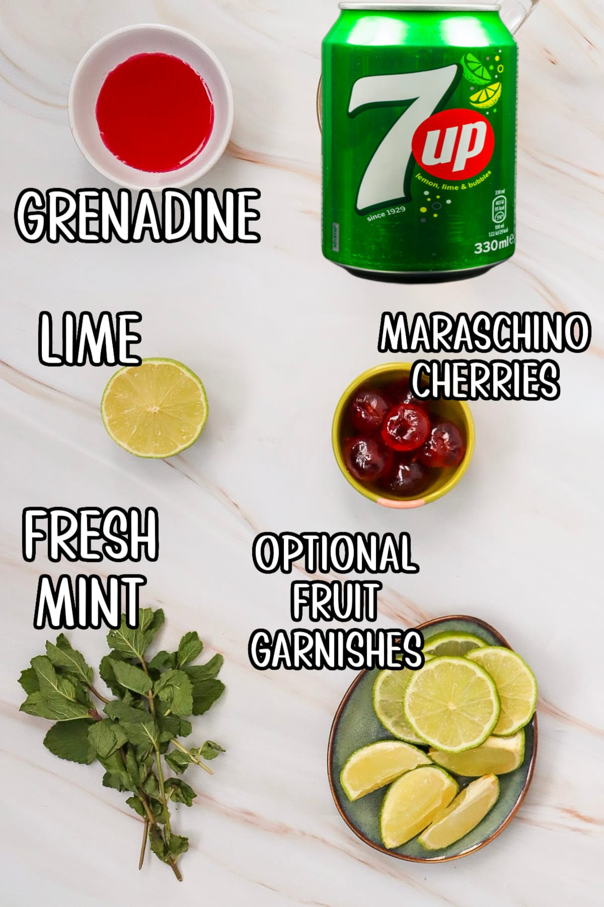 Shirley Temple mocktail ingredients with text overlay