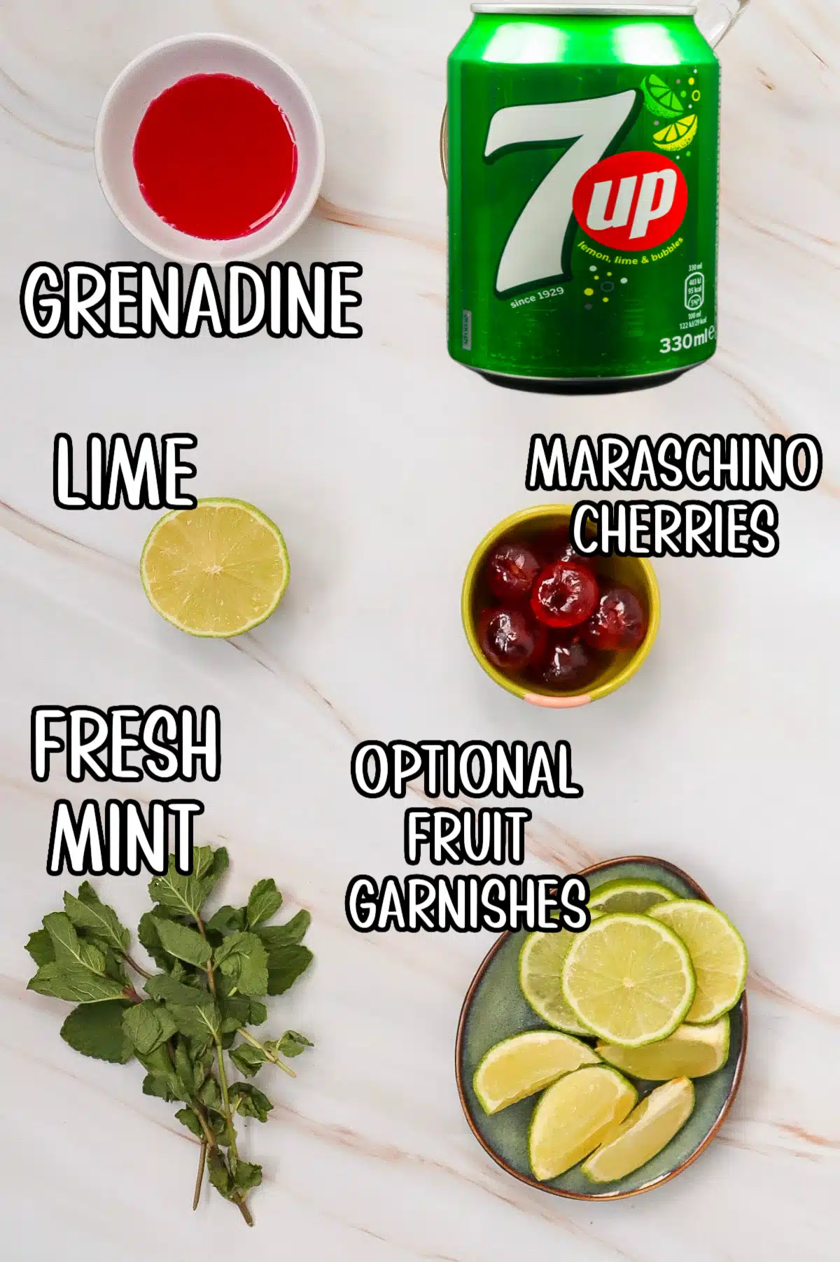 Shirley Temple mocktail ingredients with text overlay