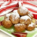 applesauce fritters on a plate with apple slices and text overlay