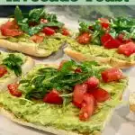 avocado toast wth tomato topping and text overlay