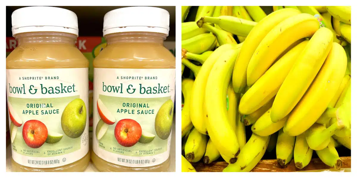 two jars of applesauce and bunches of bananas