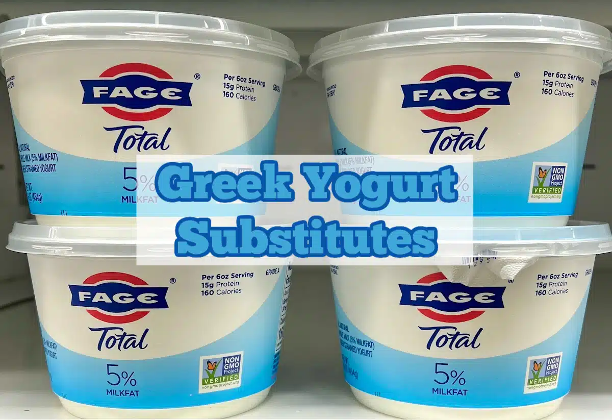four containers of Greek yogurt with text overlay