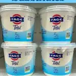 Greek yogurt containers with text overlay