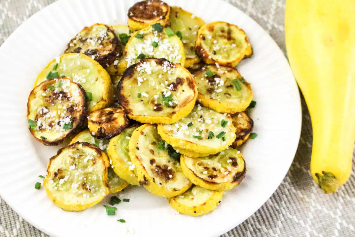 air fryer summer squash on a white dish