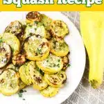 air fried yellow squash on white dish with text overlay
